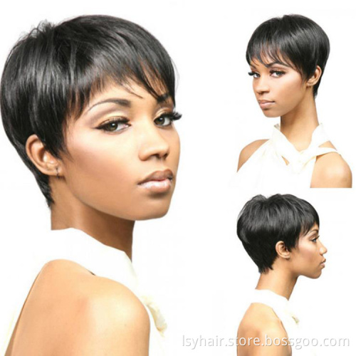 Pixie Cut Machine Made Wigs Short Human Hair Wigs for Black Women Short Straight Black Ladies Wigs 1B Color